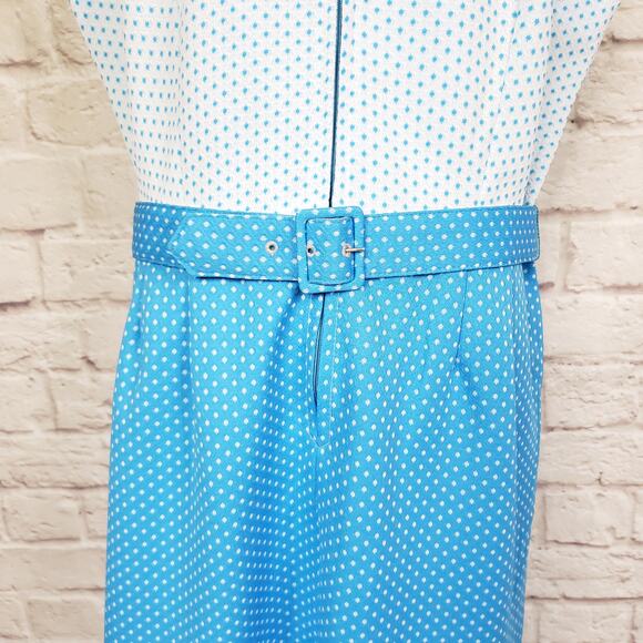 Vintage 1970s Volup Sheath Dress Blue White Dot Pointed Collar Belted Sz 20 - Picture 6 of 12